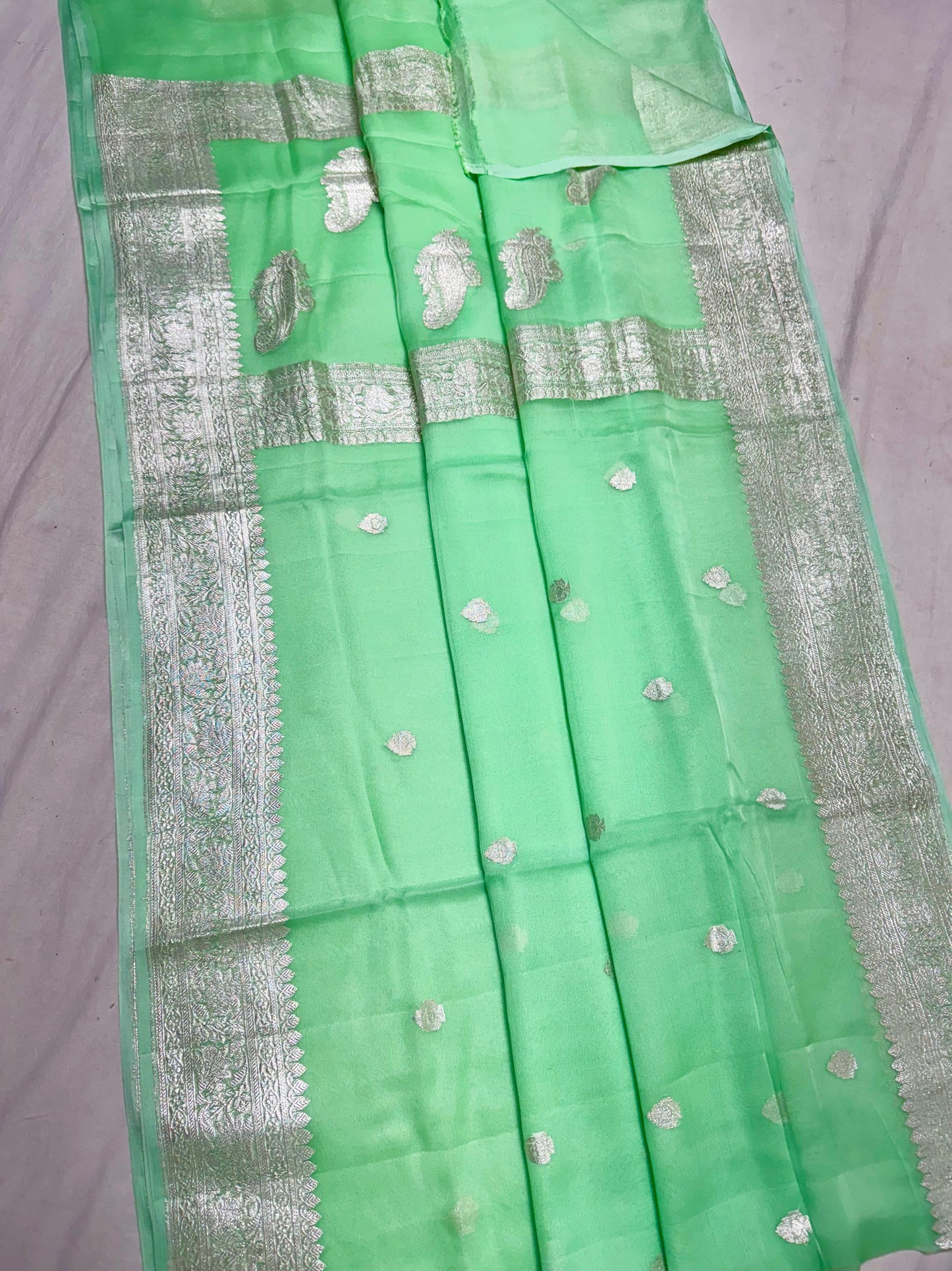 Sea green pure banarasi georgette chiffon sarees