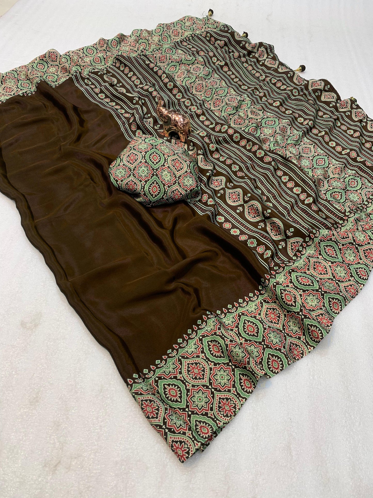 Pure crepe satin ajrakh sarees