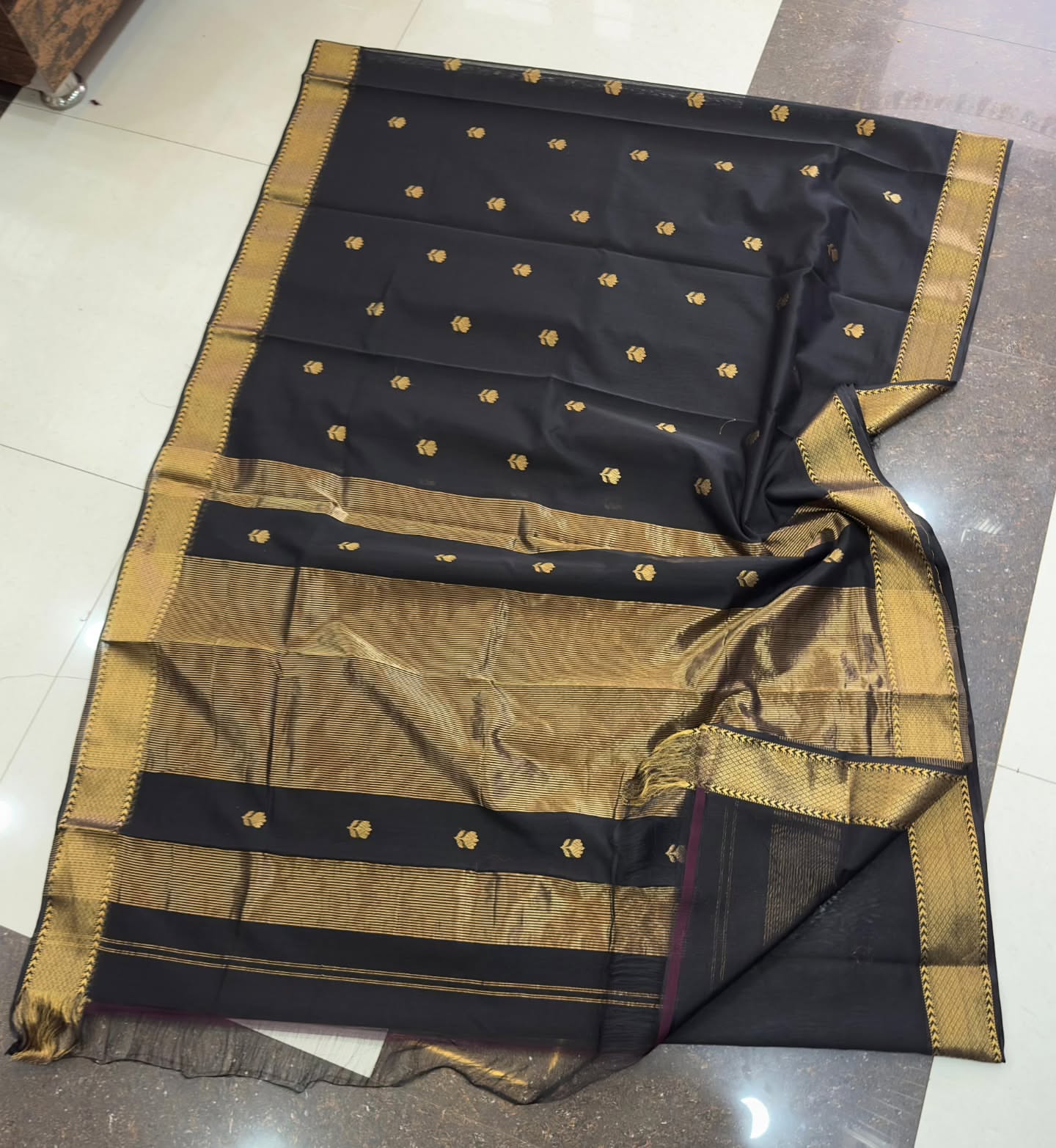 Black Maheshwari silk sarees with butti work