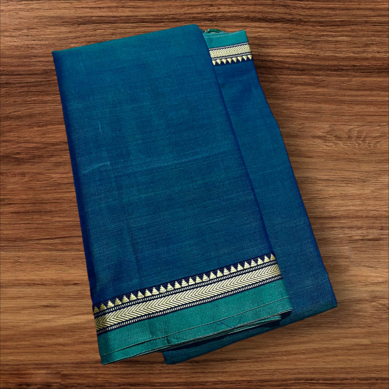 Dark peacock blue mercerised Narayanpet Cotton sarees with thin border