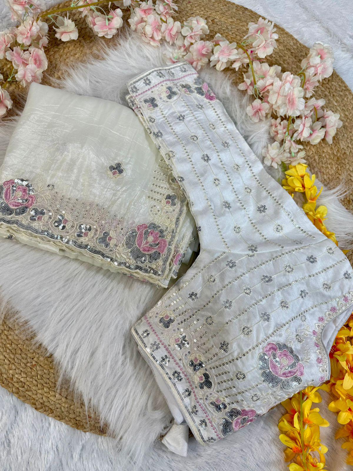 Off white crushed embroidered sarees