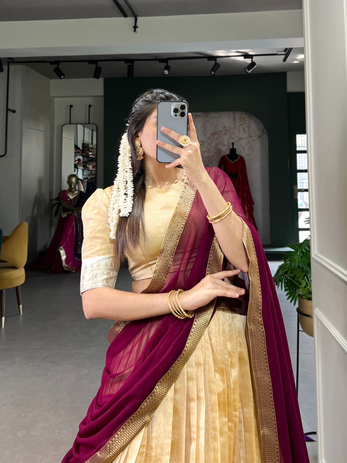 Sandal kanchipuram lehenga choli