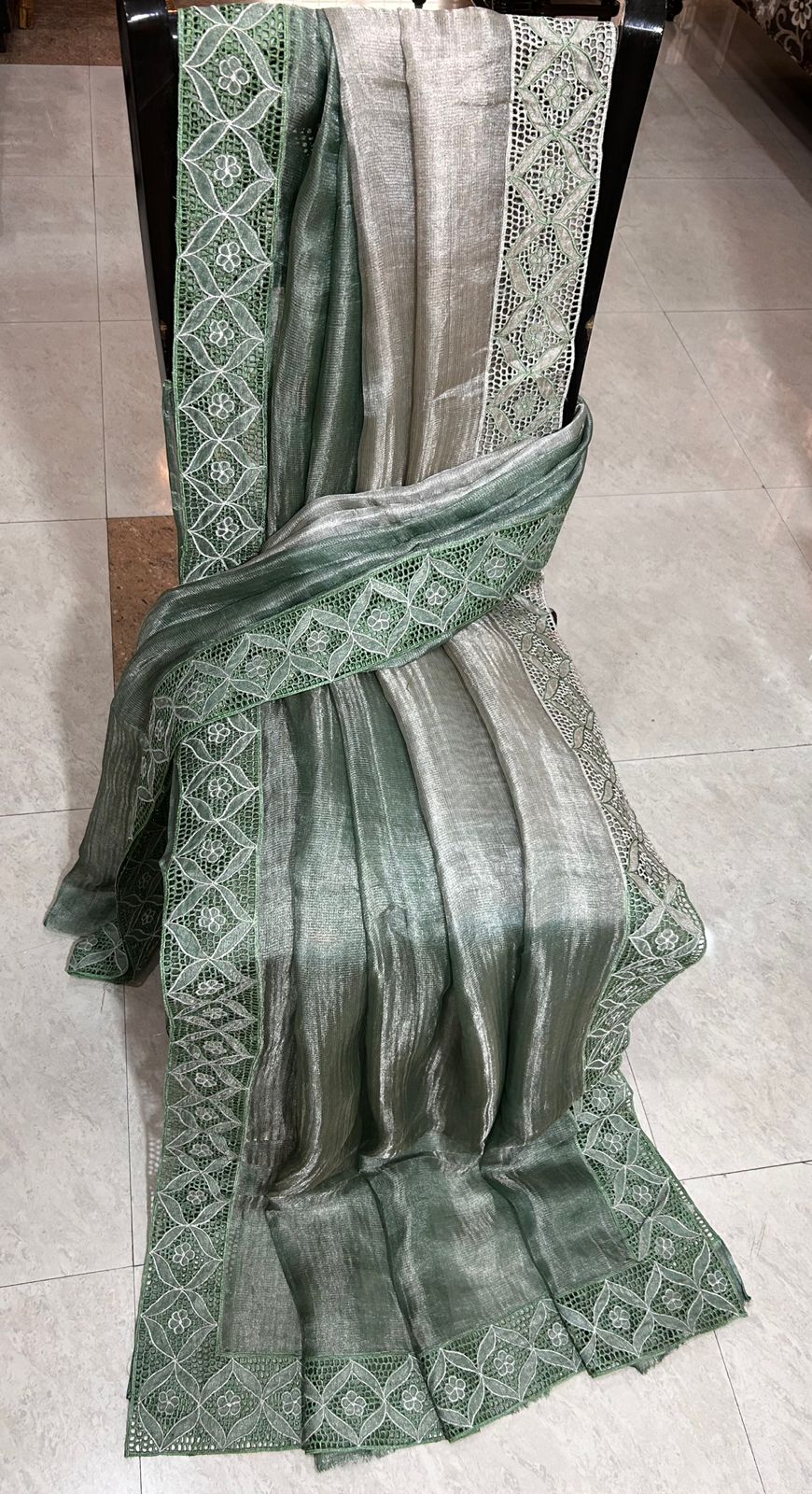 Green Silver cutwork pure tussar tissue silk sarees