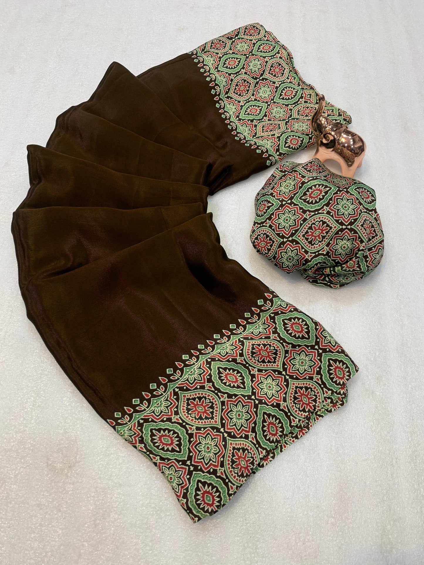 Pure crepe satin ajrakh sarees