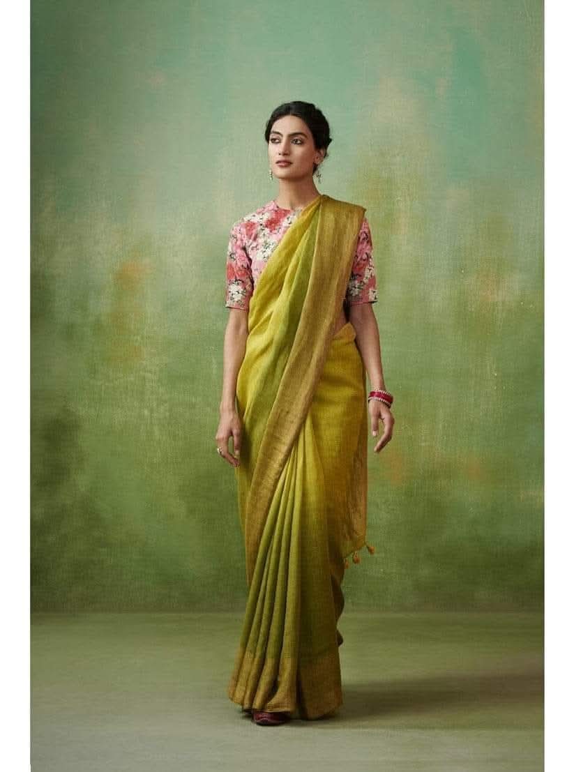 Lime green with trishade linen by linen sarees