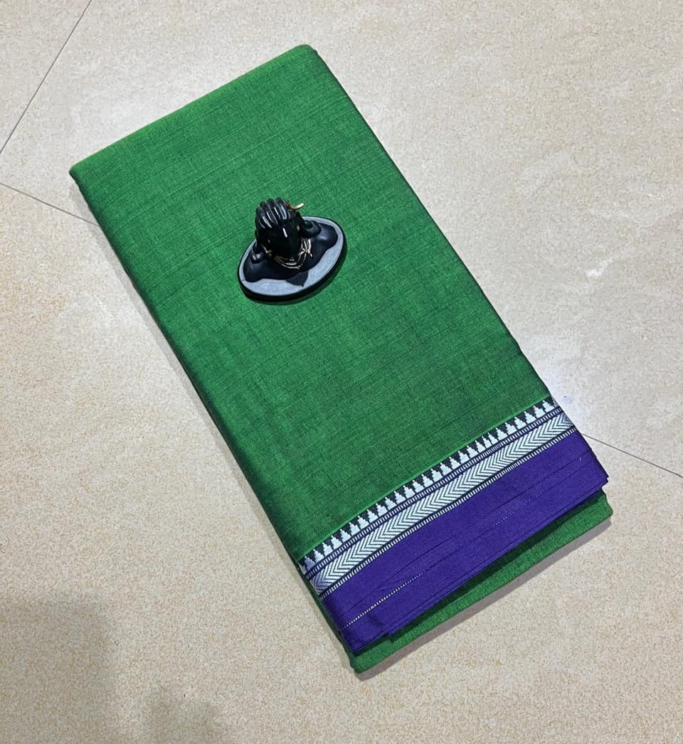 Green mercerised Narayanpet Cotton sarees with thin border