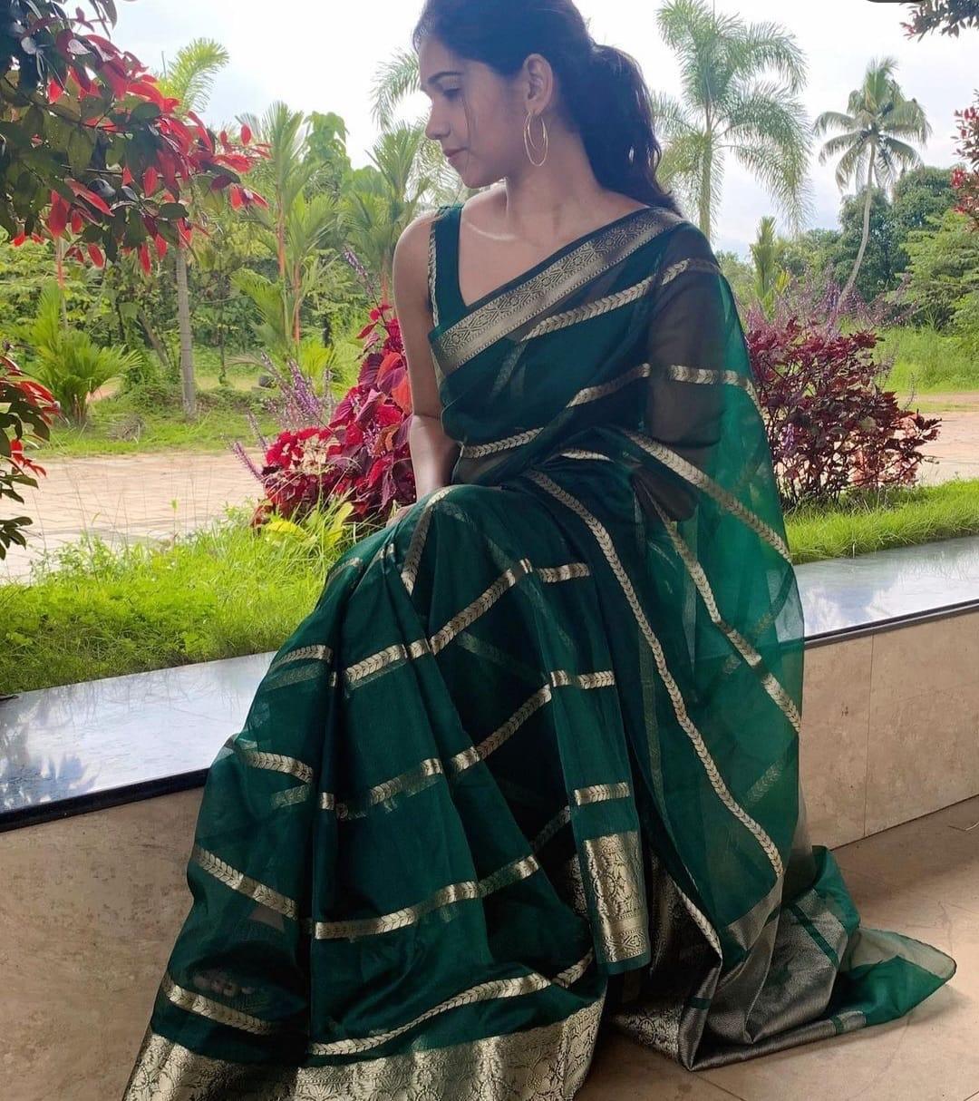 Bottle green Banarasi kora organza silk sarees