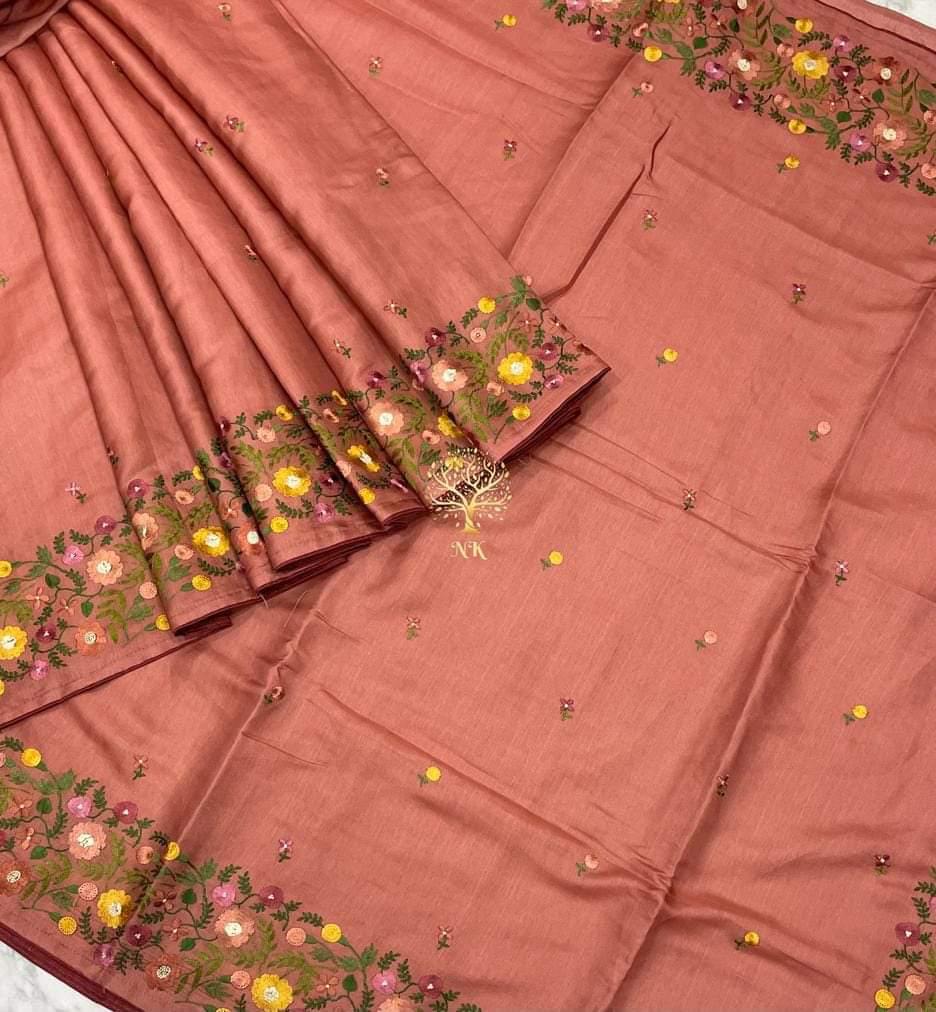 Tussar Munga silk embroidery sarees