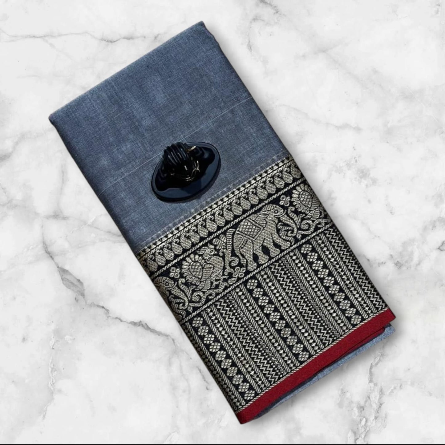 Gray Narayanpet Cotton sarees with elephant border