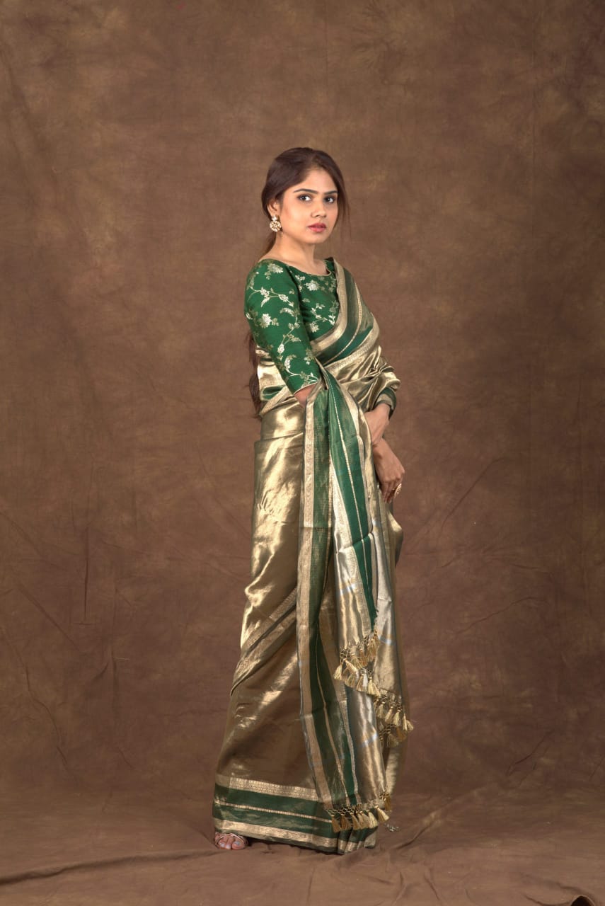 Gold with dark green pure metallic double tissue organza sarees