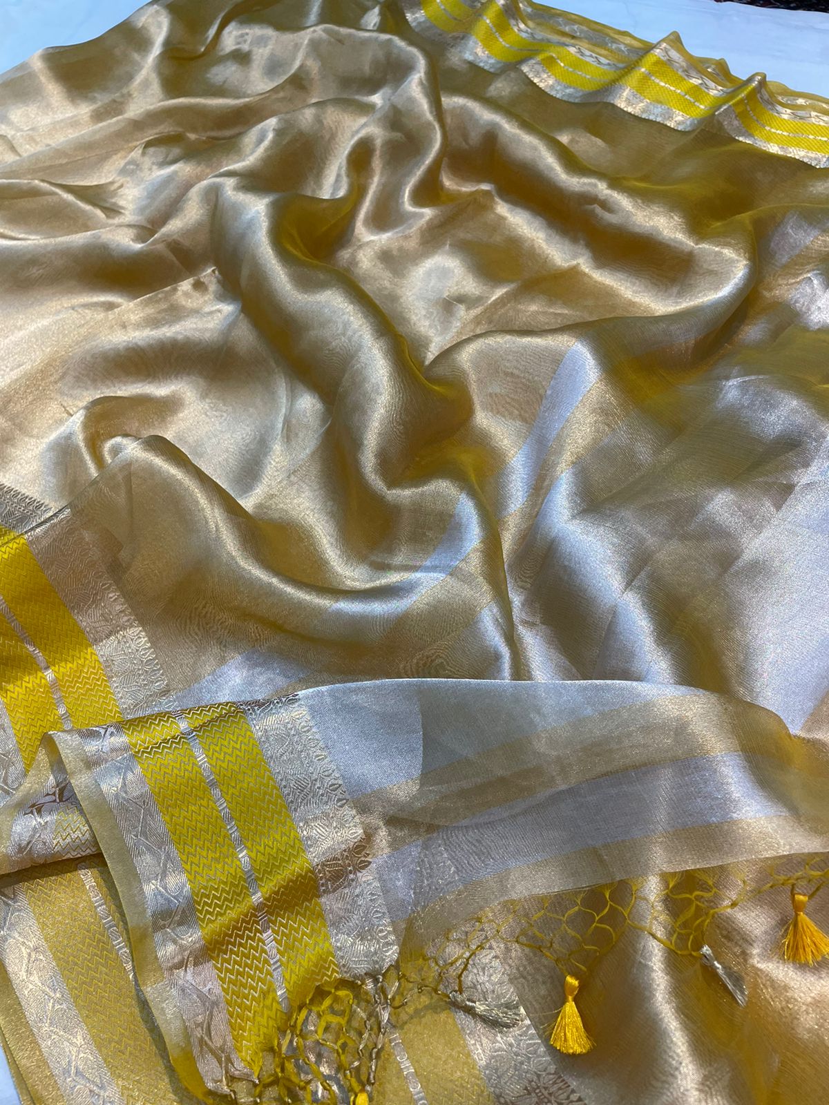 Gold with yellow pure metallic double tissue organza sarees