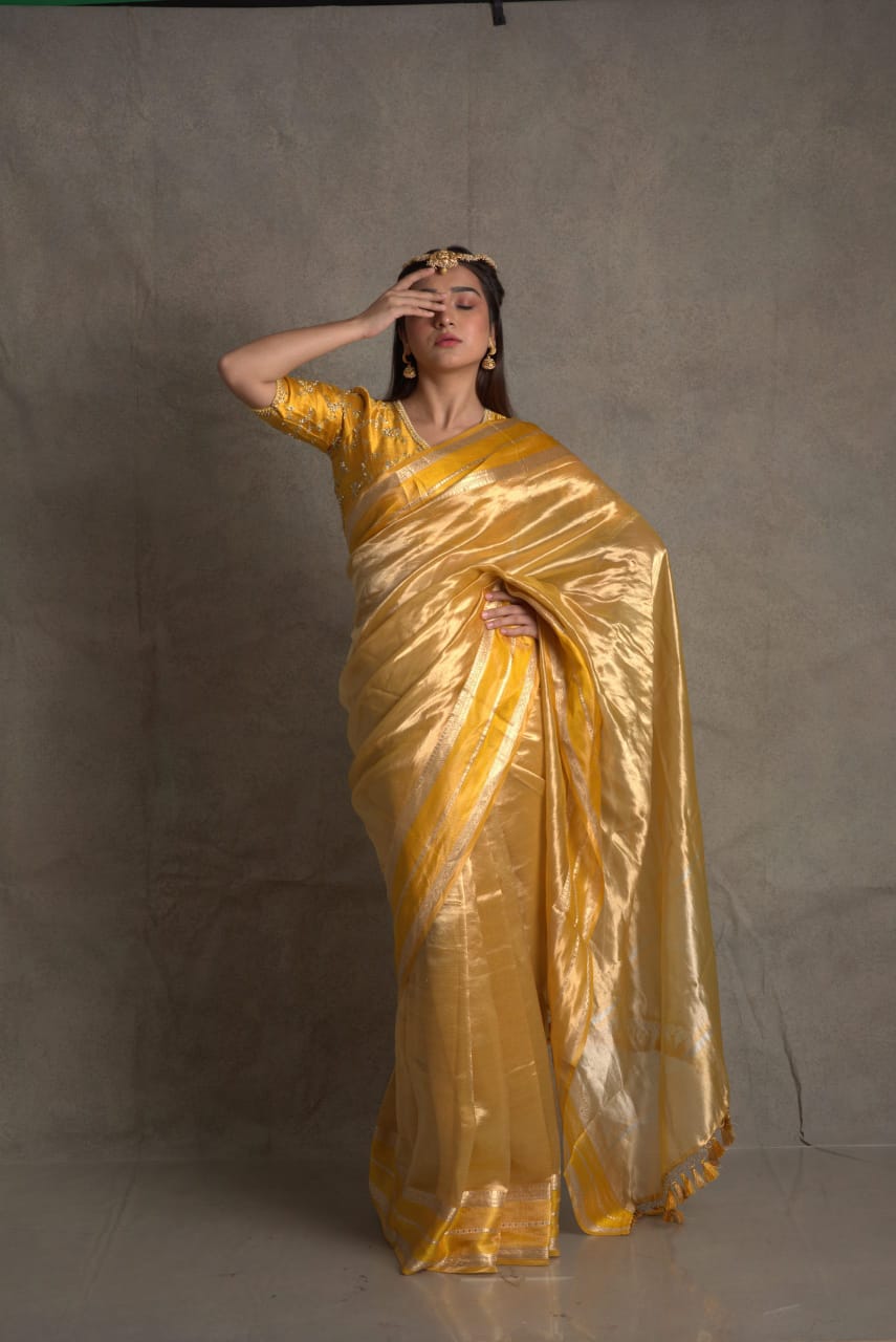 Gold with yellow pure metallic double tissue organza sarees