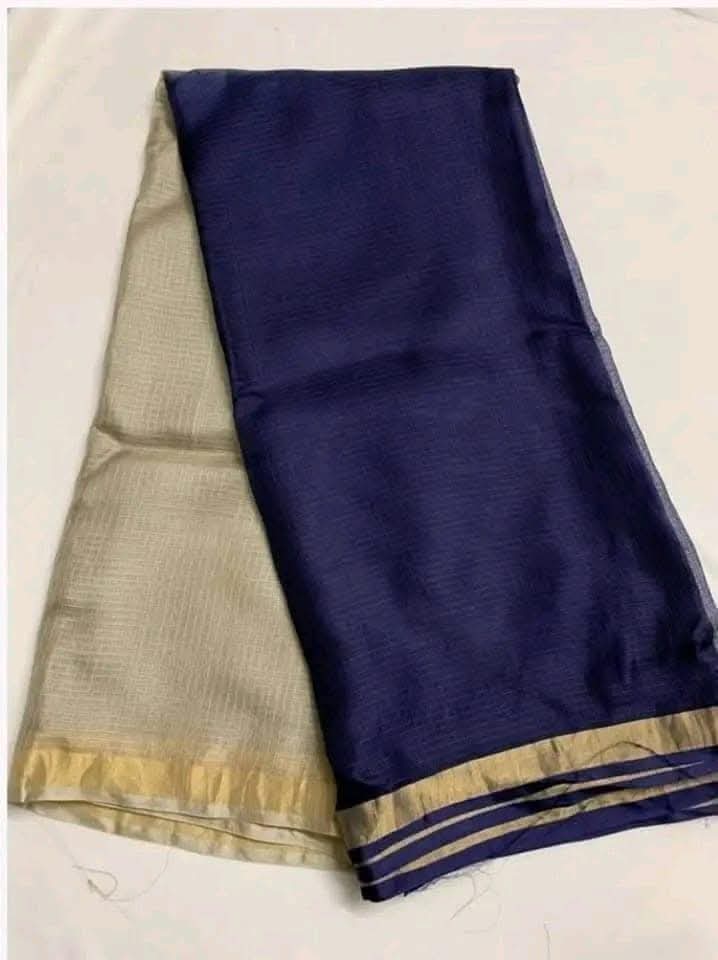 Beige and navy blue kota doria cotton silk sarees