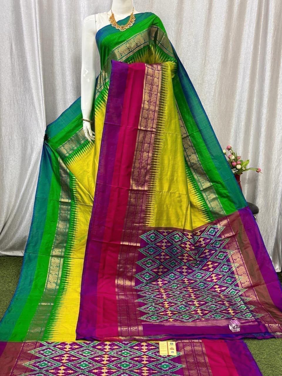 Lime green ikkat silk sarees