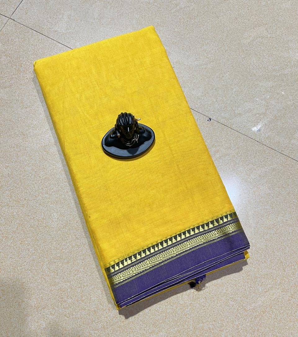 Yellow mercerised Narayanpet Cotton sarees with thin border