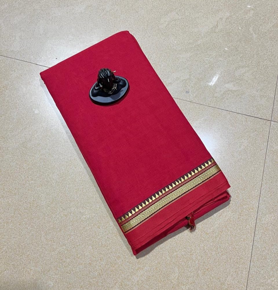 Red mercerised Narayanpet Cotton sarees with thin border
