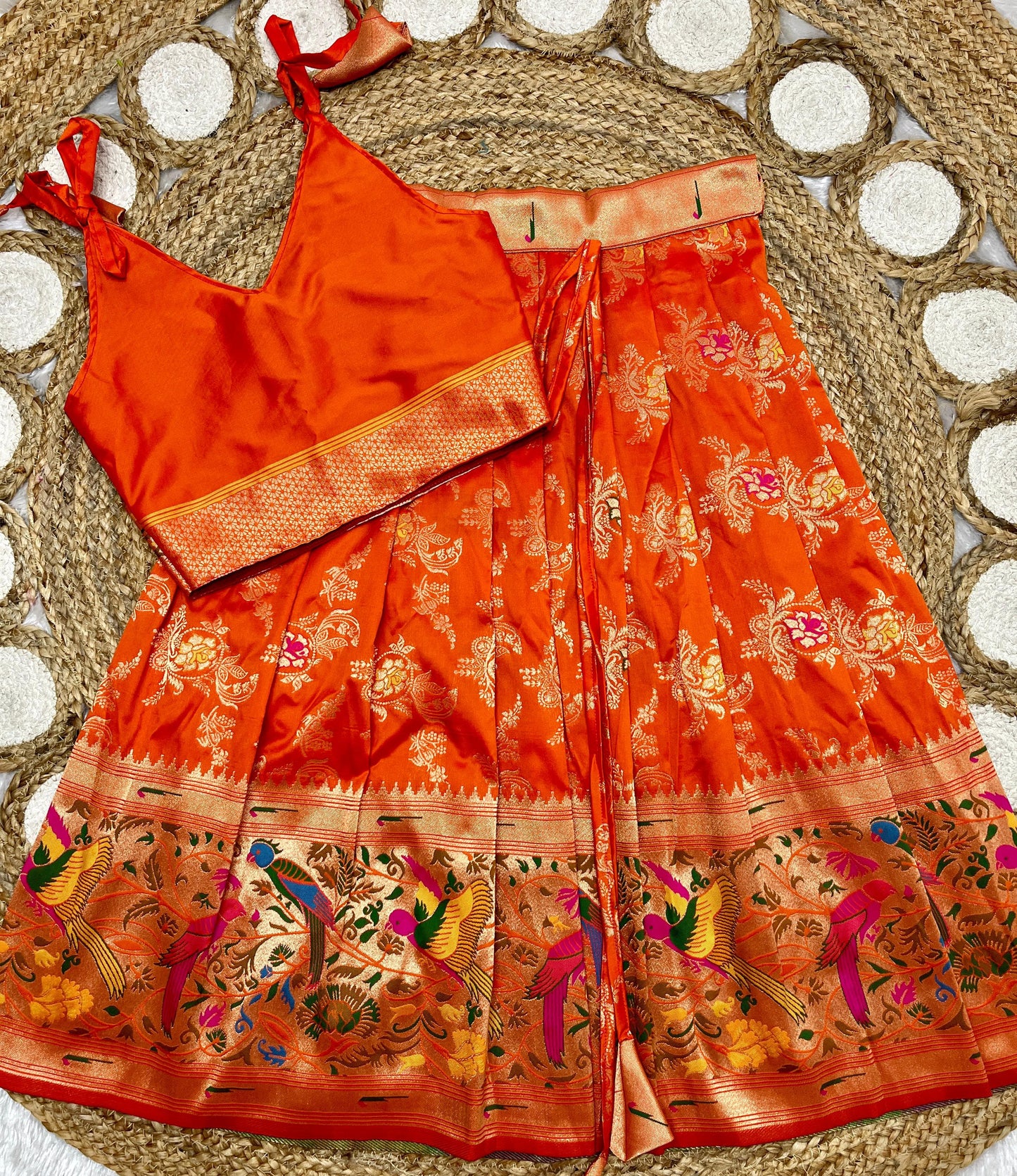 Orange Paithani lehenga for kids