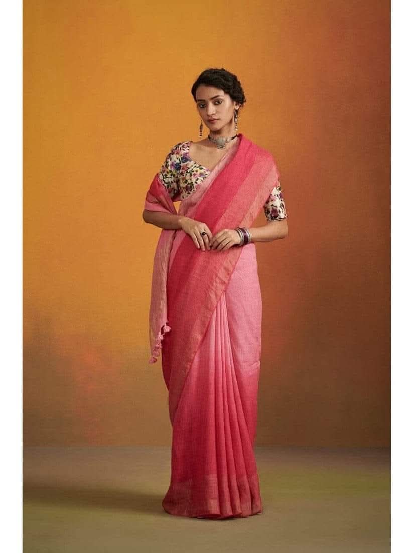 Pink with trishade linen by linen sarees