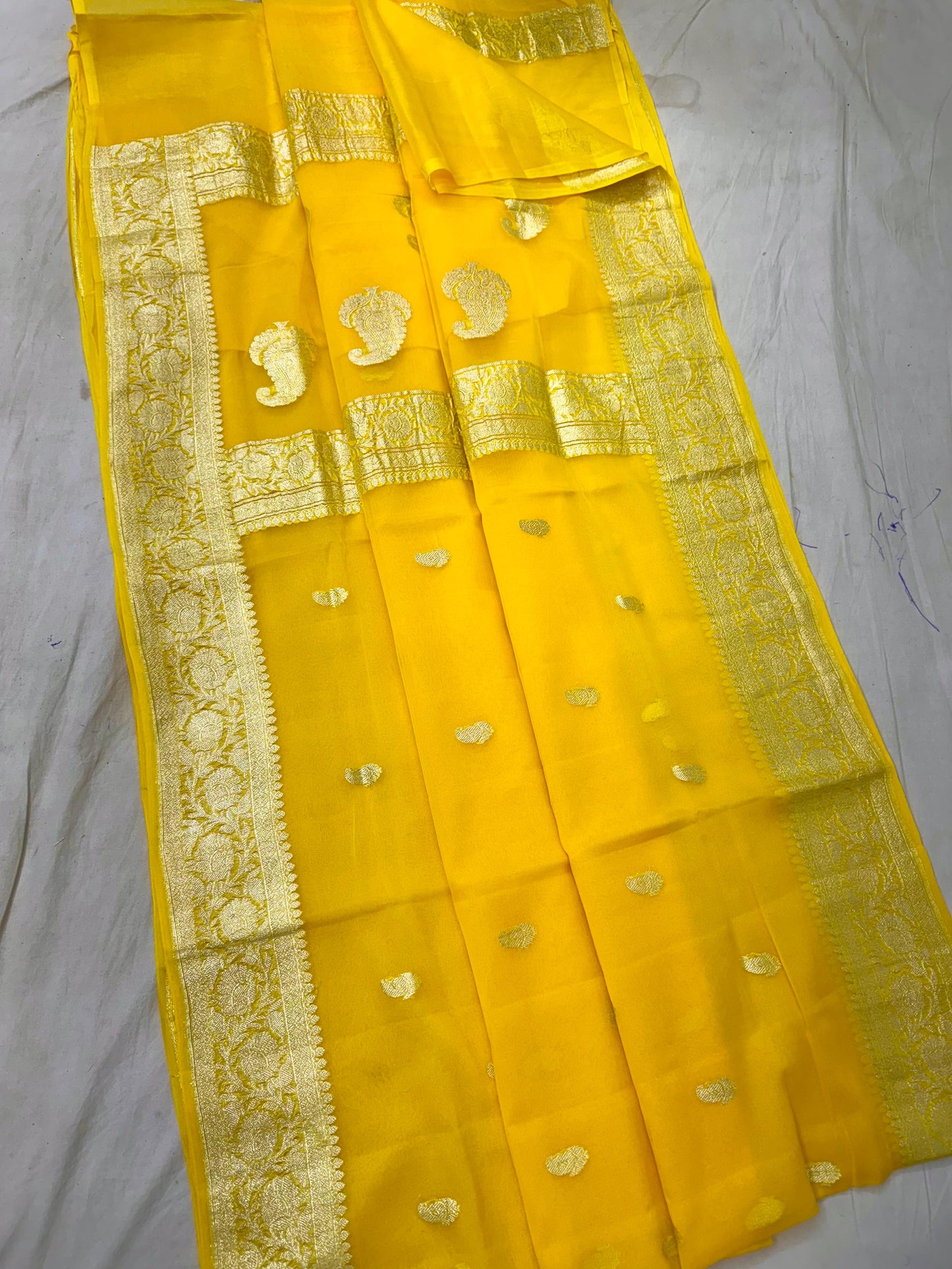 Dark yellow pure banarasi georgette chiffon sarees
