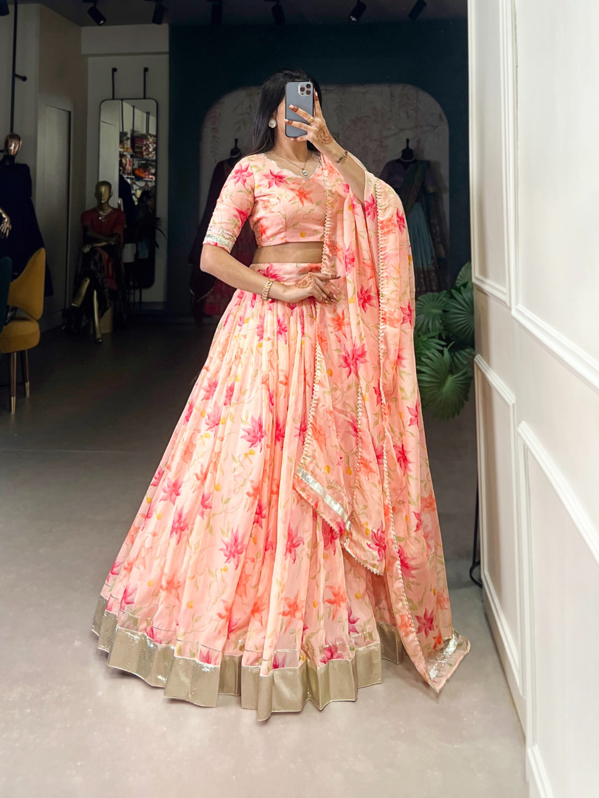 Peach silk lehenga
