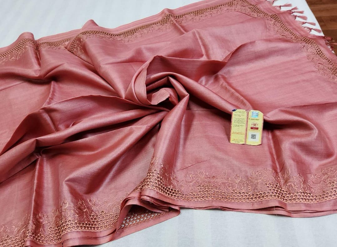 Peach pure bhagalpuri tussar silk cutwork sarees