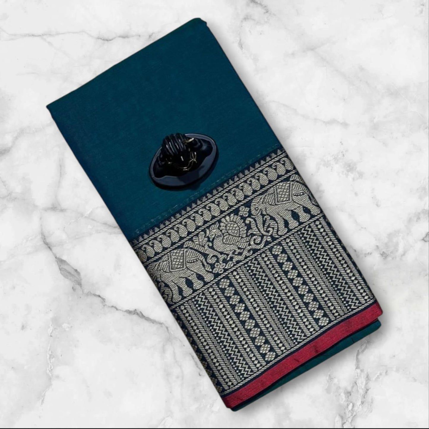 Dark Green Narayanpet Cotton sarees with elephant border