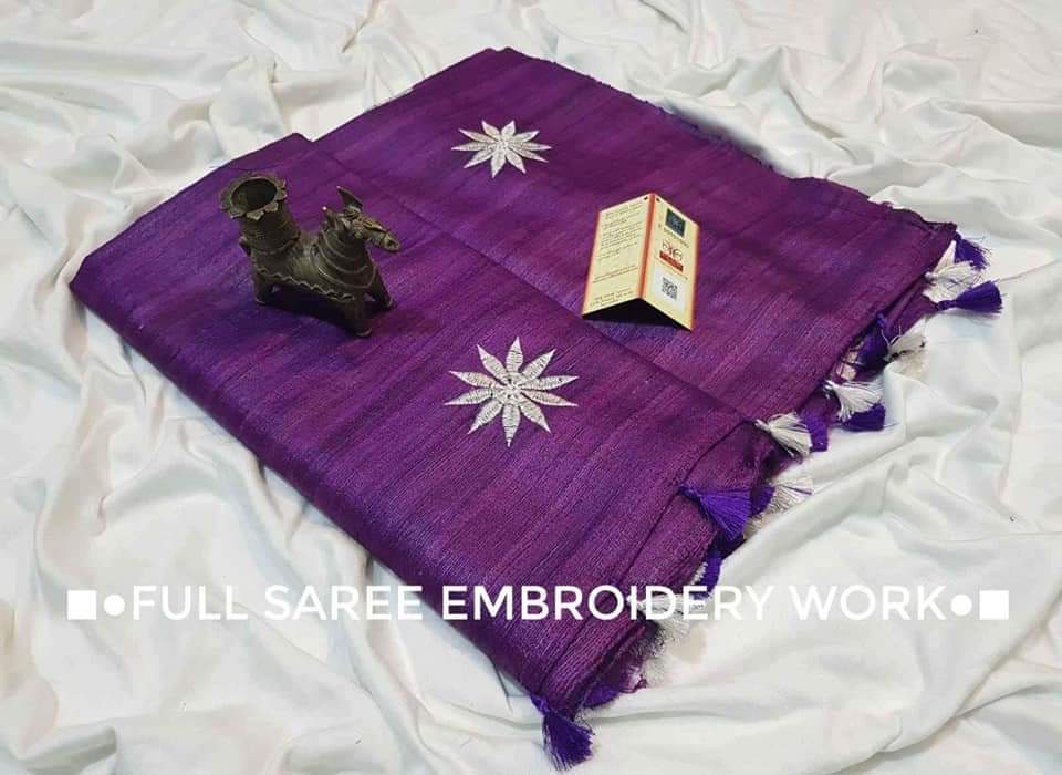 Pure Tussar Ghicha Embroidery sarees