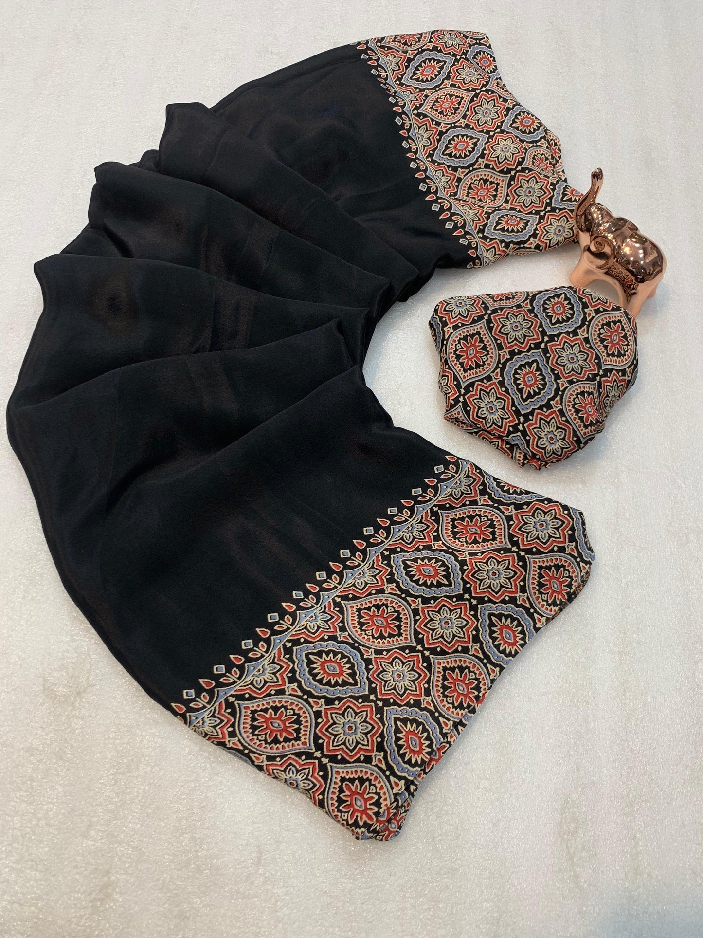 Pure crepe satin ajrakh sarees