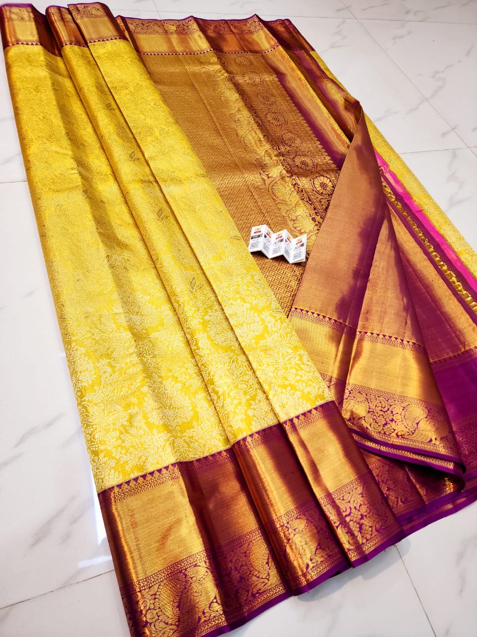 Yellow pure kanchipuram bridal silk sarees