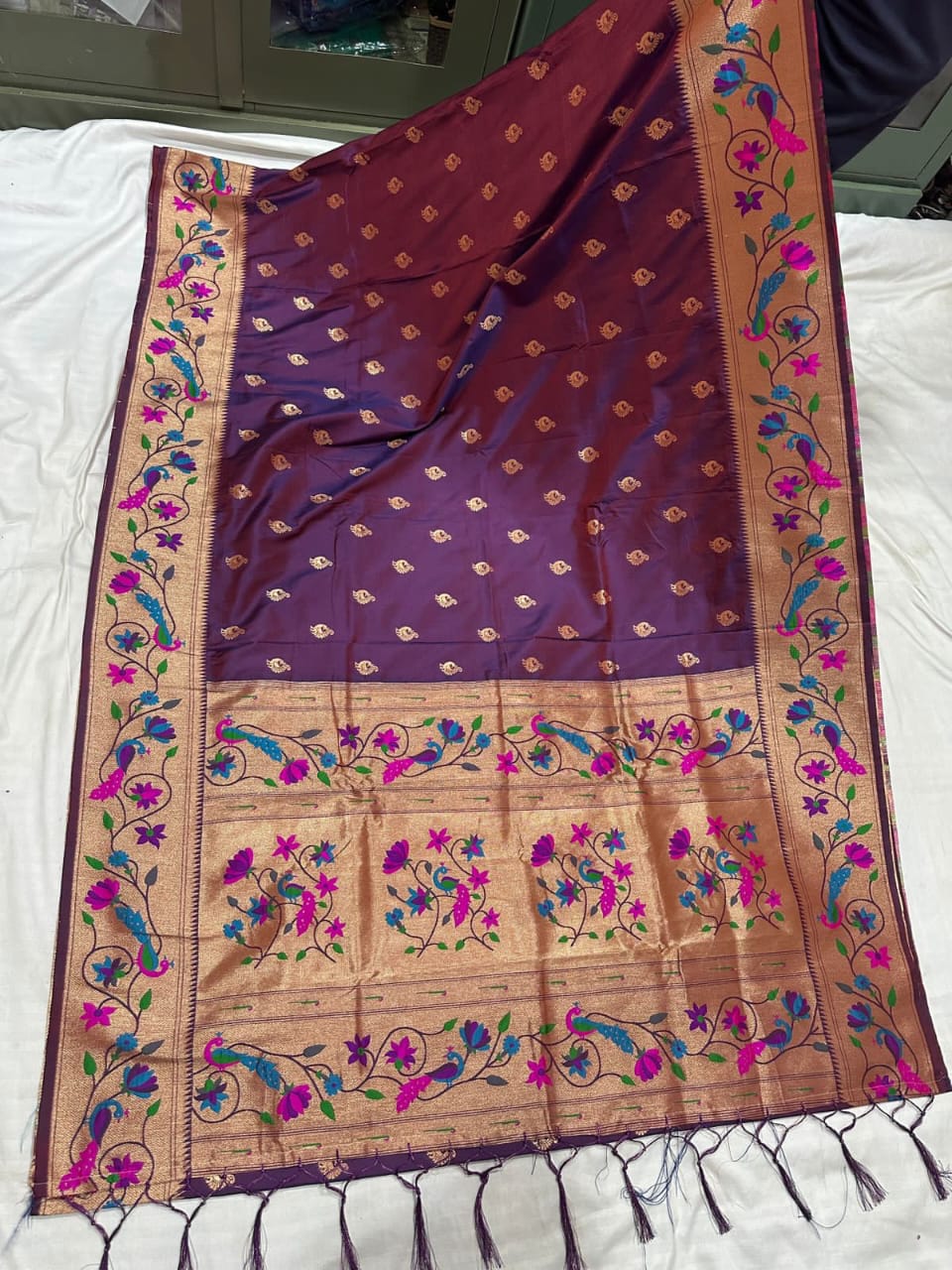 Dark burgundy soft silk brocade paithani Sarees