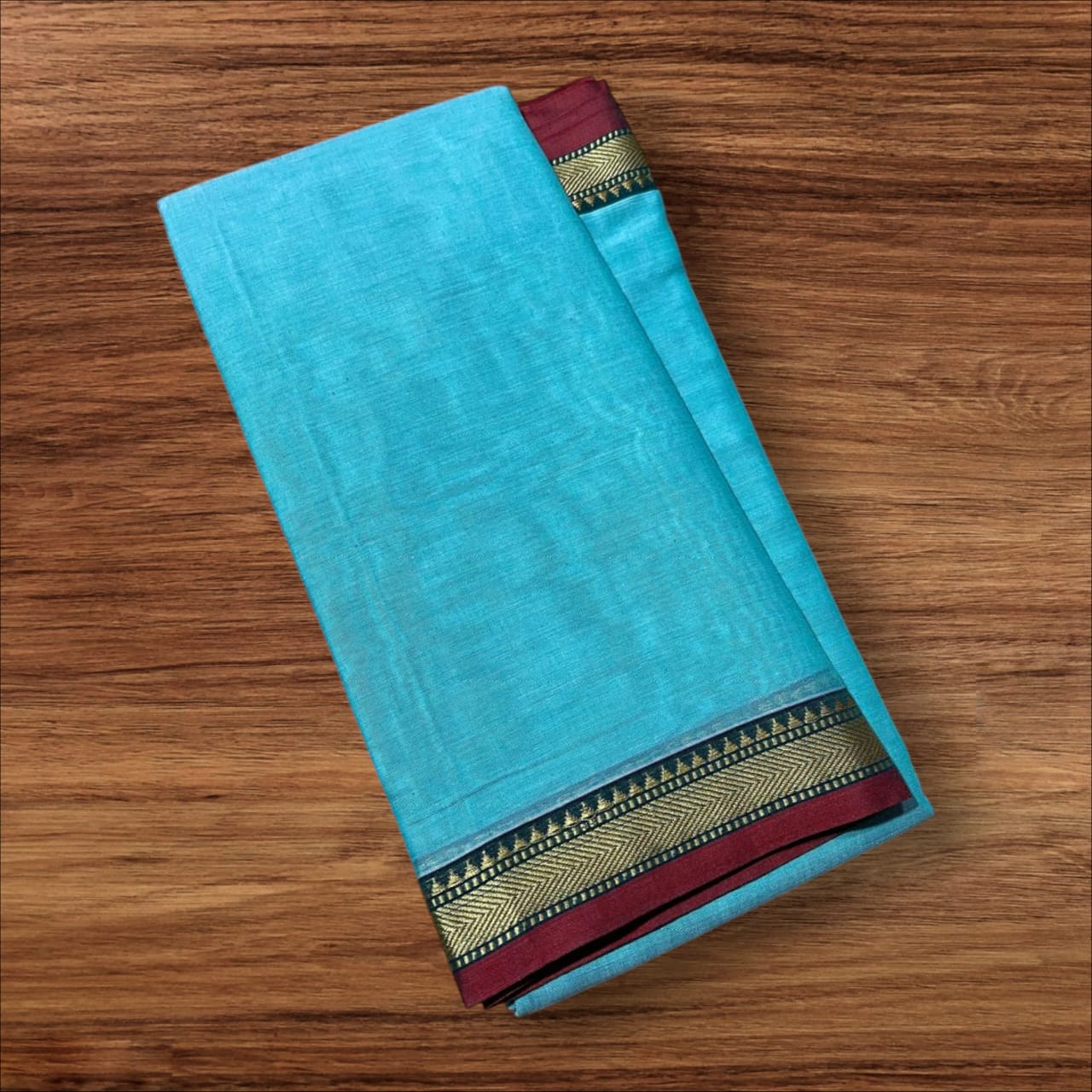 Turquoise Blue mercerised Narayanpet Cotton sarees with thin border