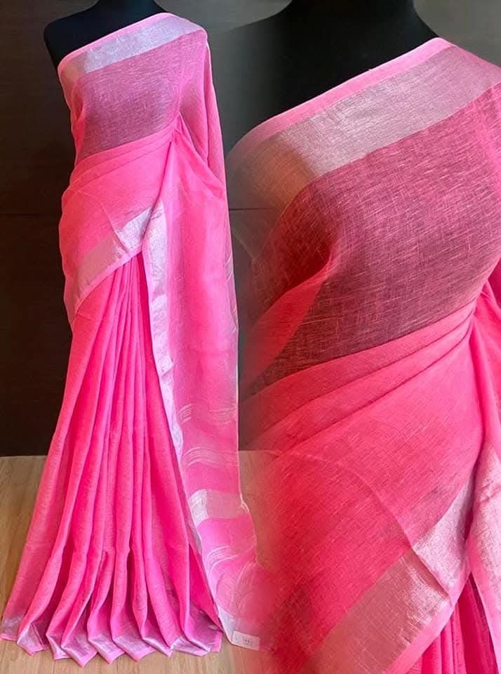 Pure linen sarees with zari border