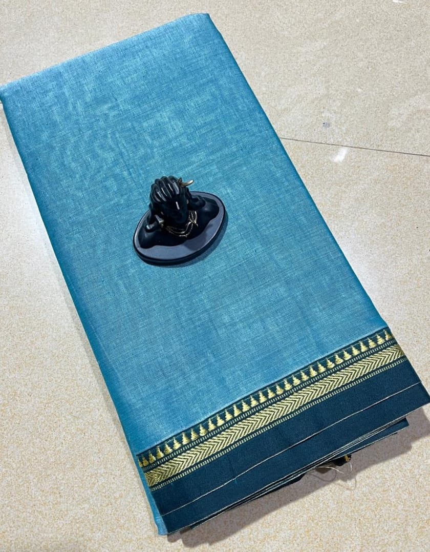 Sky blue mercerised Narayanpet Cotton sarees with thin border