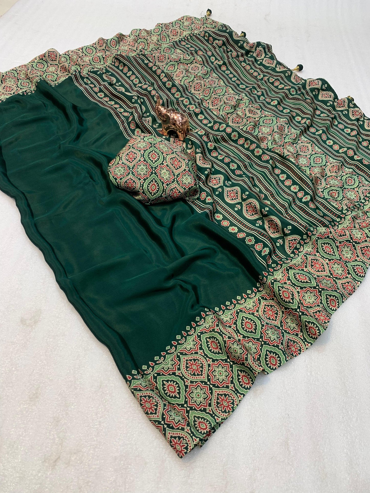 Pure crepe satin ajrakh sarees