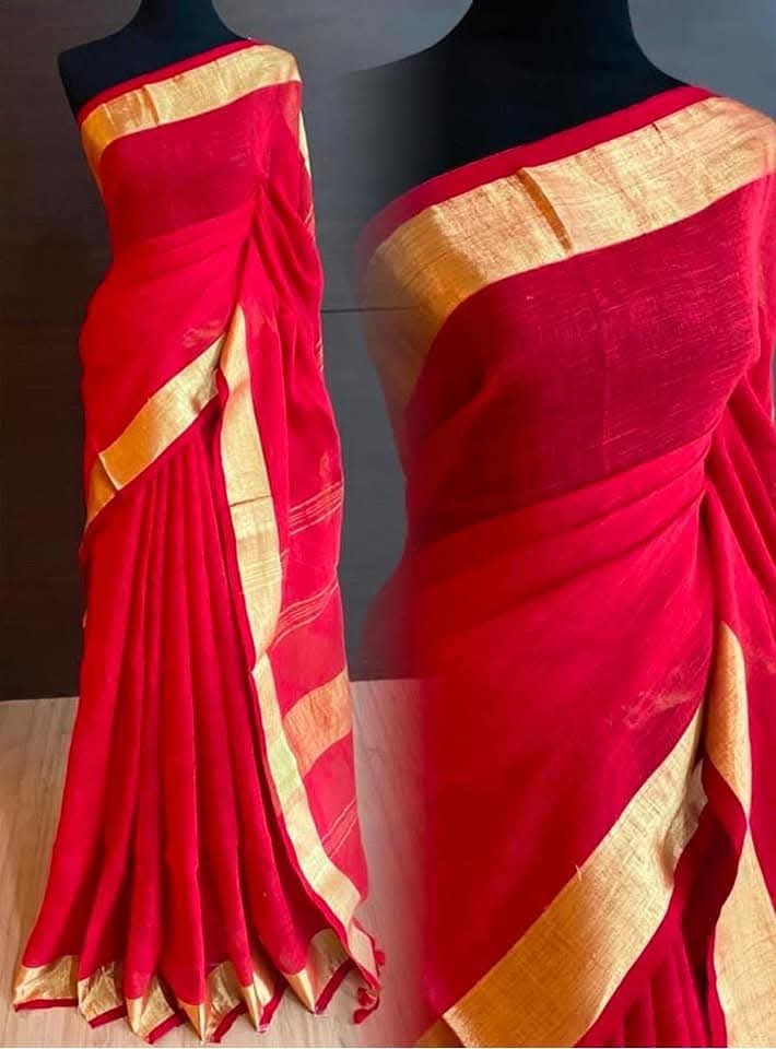Pure linen sarees with zari border
