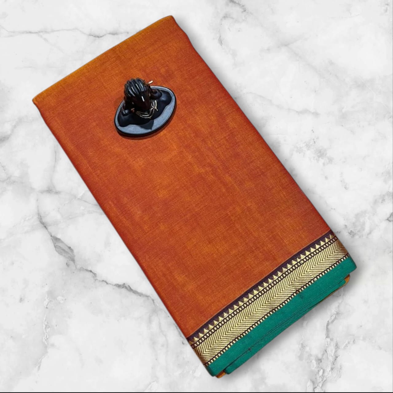 Dark orange mercerised Narayanpet Cotton sarees with thin border