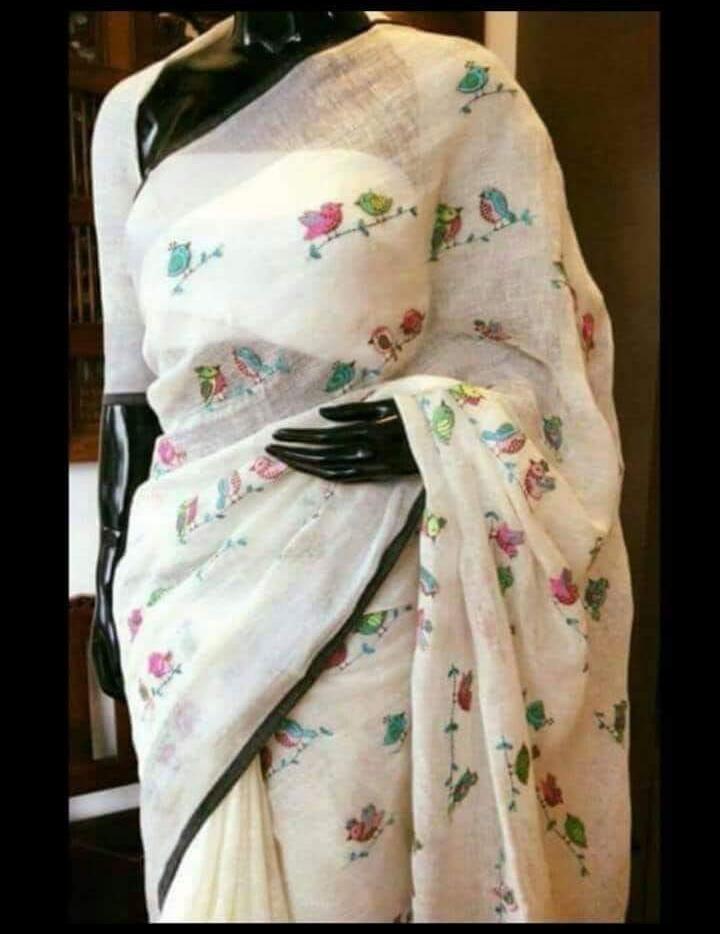 Linen embroidery work sarees