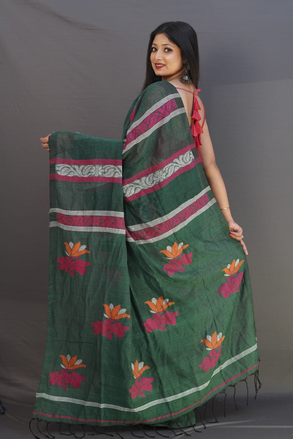 Dark green 120 counts linen by linen jamdani sarees