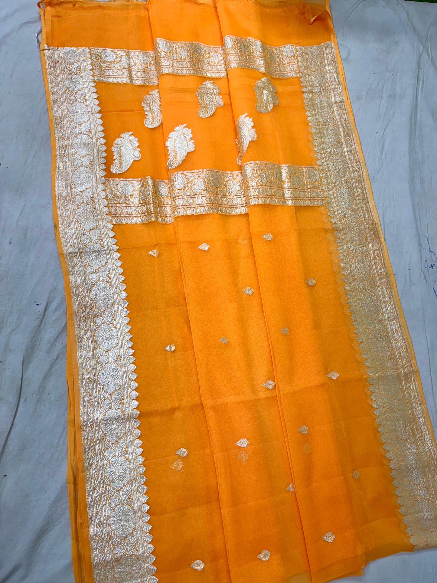 Orange pure banarasi georgette chiffon sarees