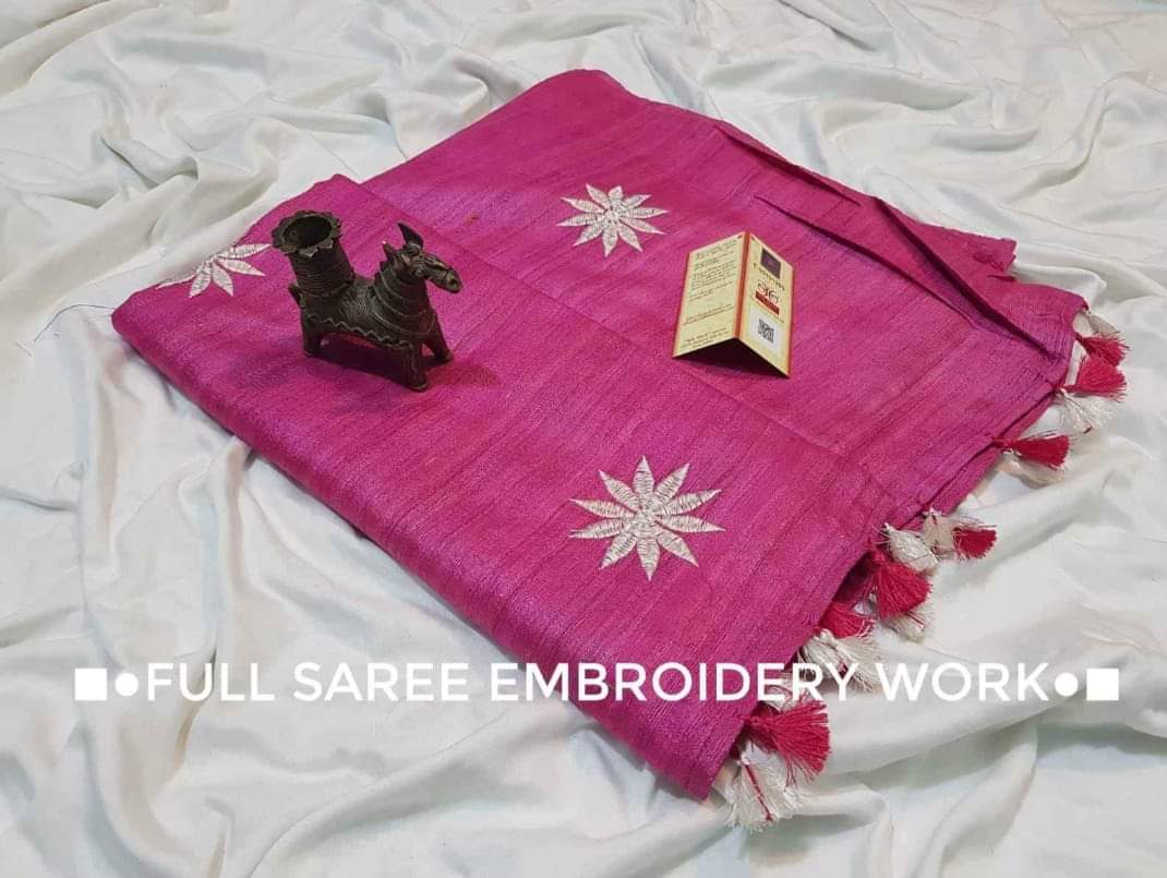 Pure Tussar Ghicha Embroidery sarees