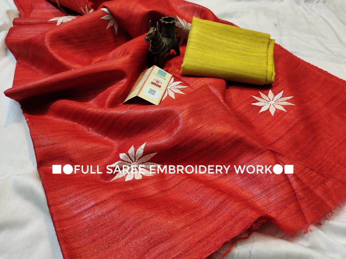 Pure Tussar Ghicha Embroidery sarees