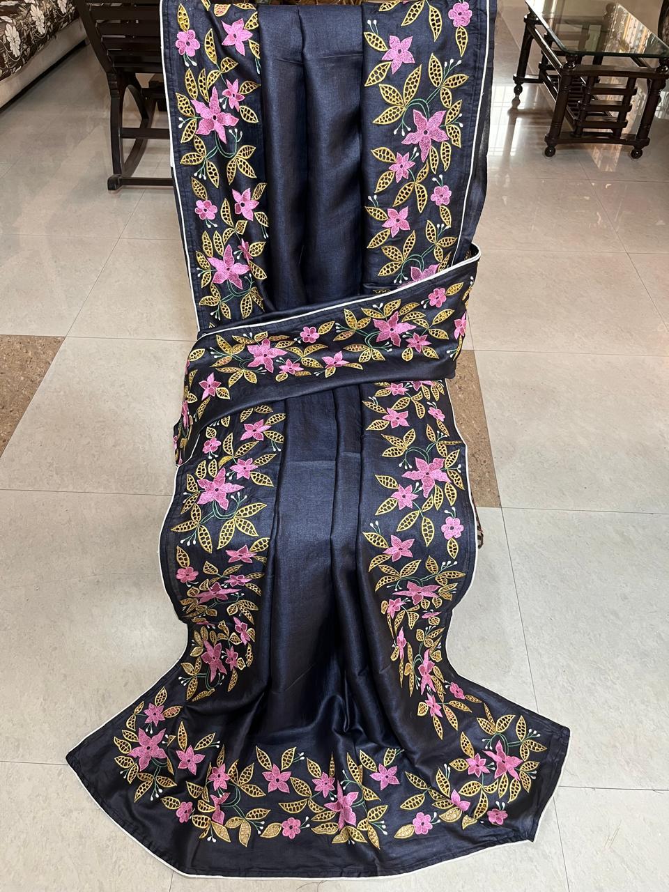Black cutwork pure tussar silk sarees