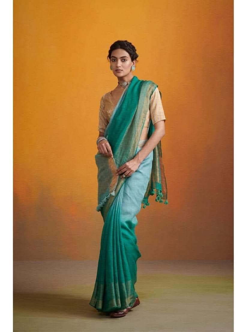 Blue with trishade linen by linen sarees