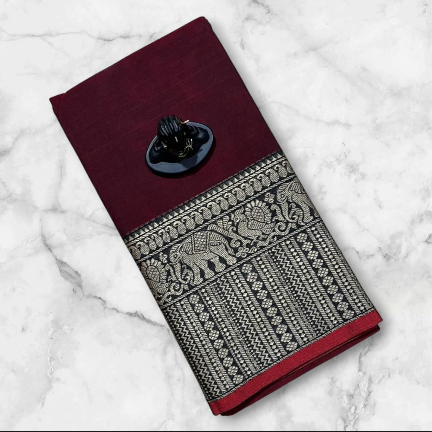 Maroon red Narayanpet Cotton sarees with elephant border