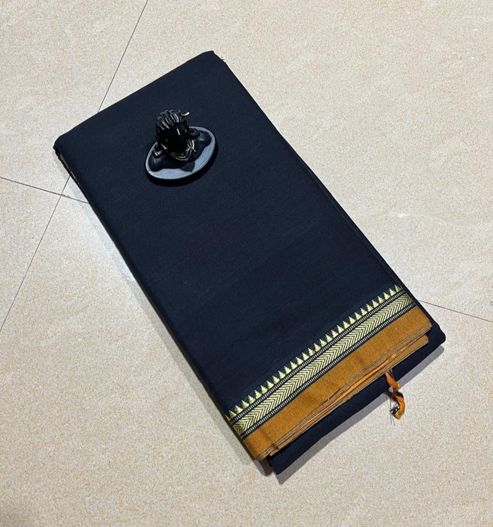Black mercerised Narayanpet Cotton sarees with thin border