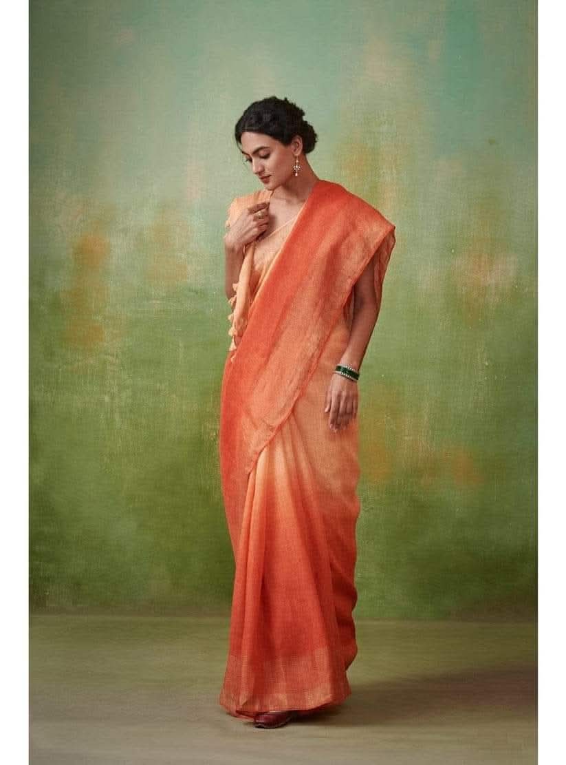 Light orange with trishade linen by linen sarees