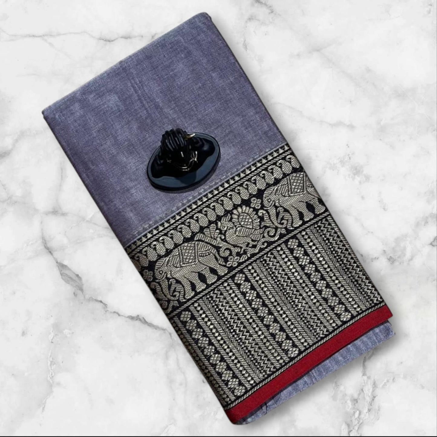Elephant Gray Narayanpet Cotton sarees with elephant border
