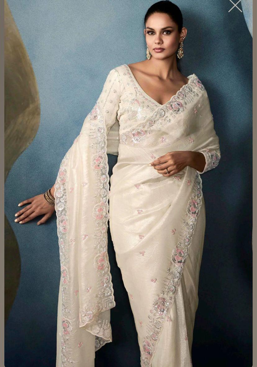 Off white crushed embroidered sarees
