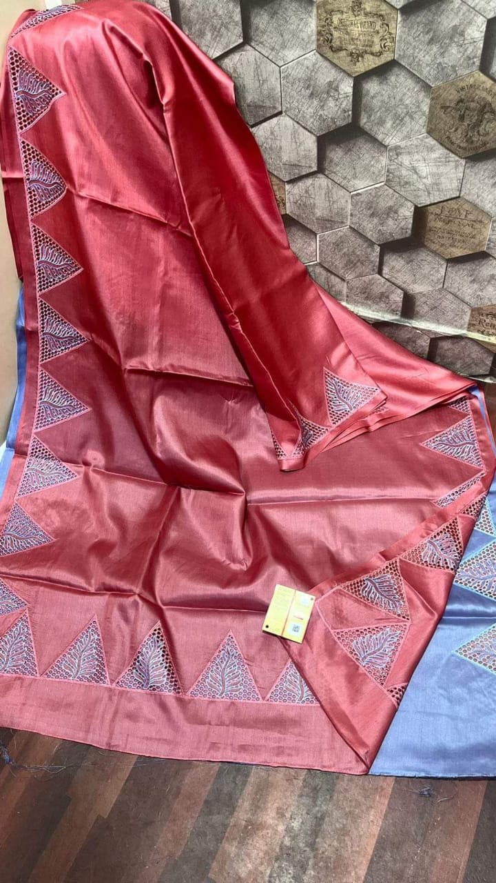 Tussar silk hand cutwork embroidery sarees