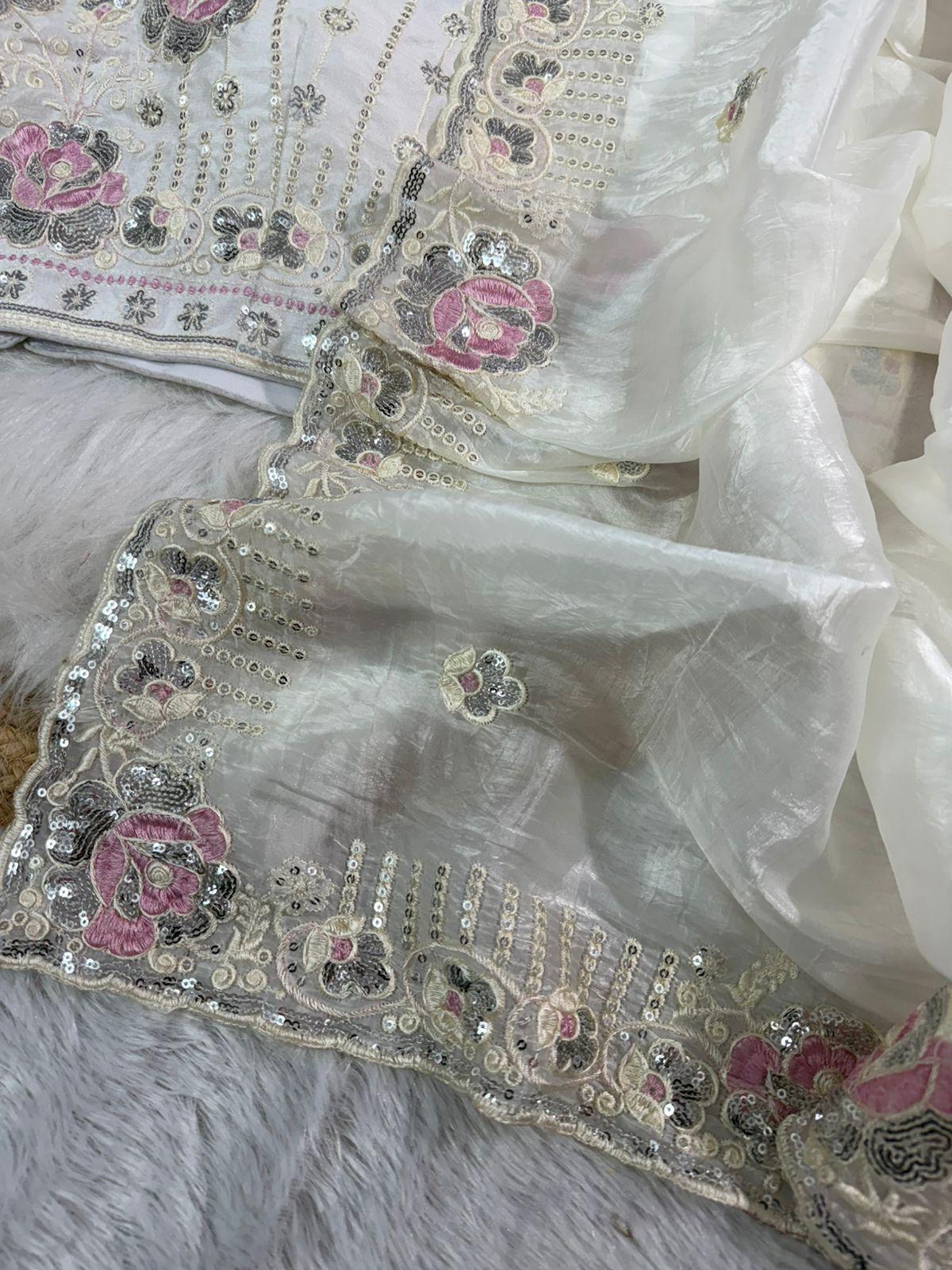 Off white crushed embroidered sarees